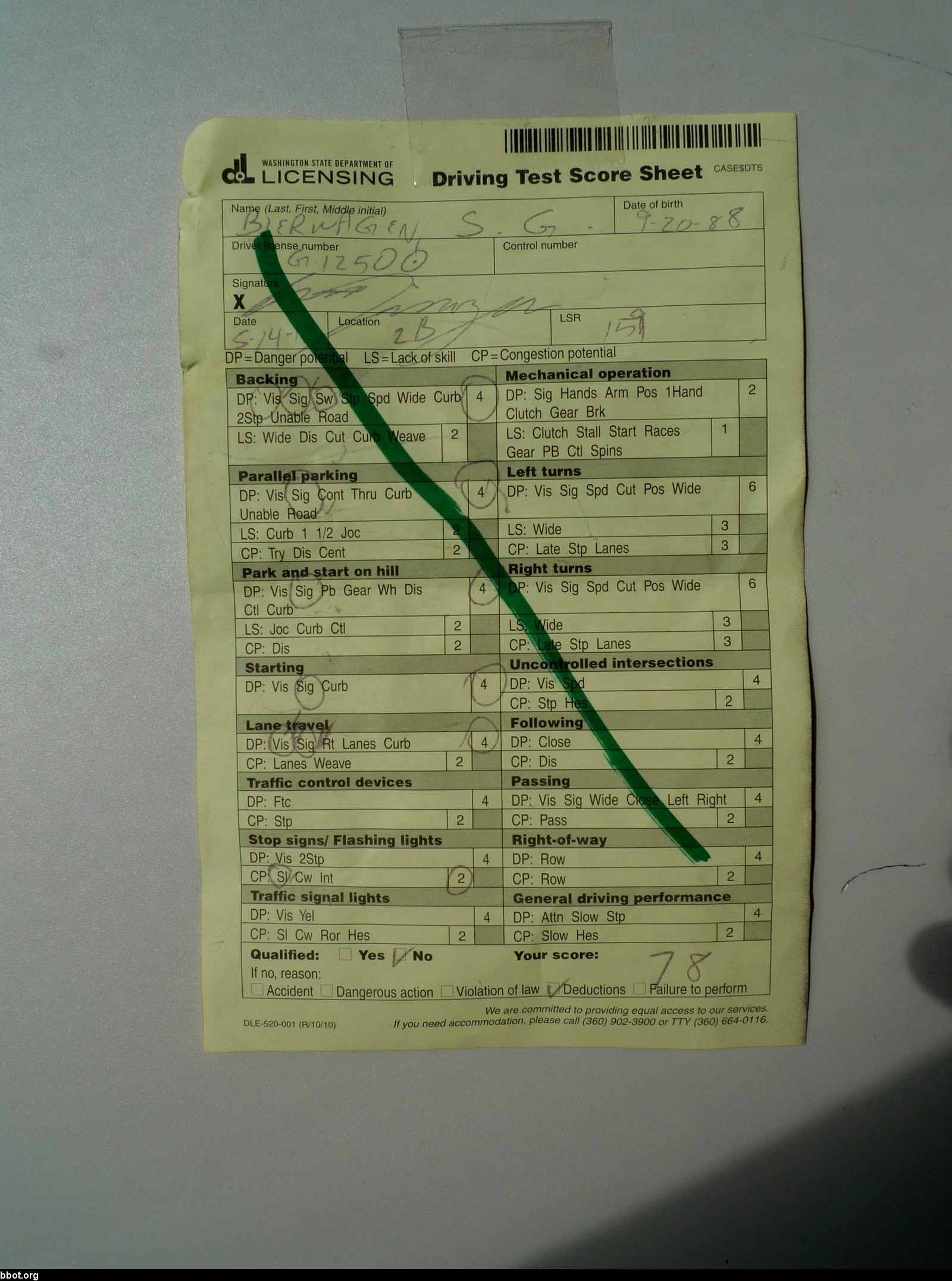 Washington State Drivers Test Score Sheet